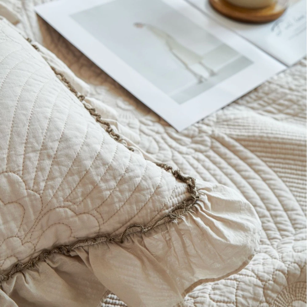 Fotografia 5: Conjunto de colcha bordada de luxo, 3 peças, 100% algodão, decoração com babados, verão, leve, edredom e cobertor, cobertor elegante para cama