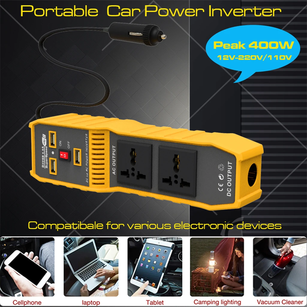 

400W Car Power Inverter DC 12V to AC 220V 110V Sine Wave Convertor Transformer LED Display Cigarette lighter Universal Socket