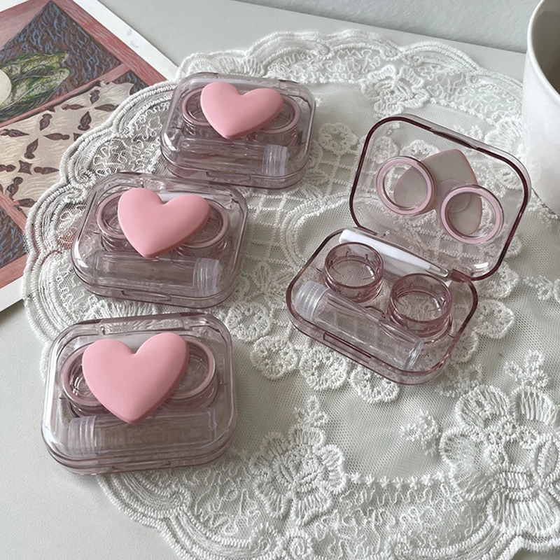 Contact Lens Cases Pink Transparent Love Bow Contact Lens Case Girl Portable Beauty Pupil Box Storage Eye Care Container Box