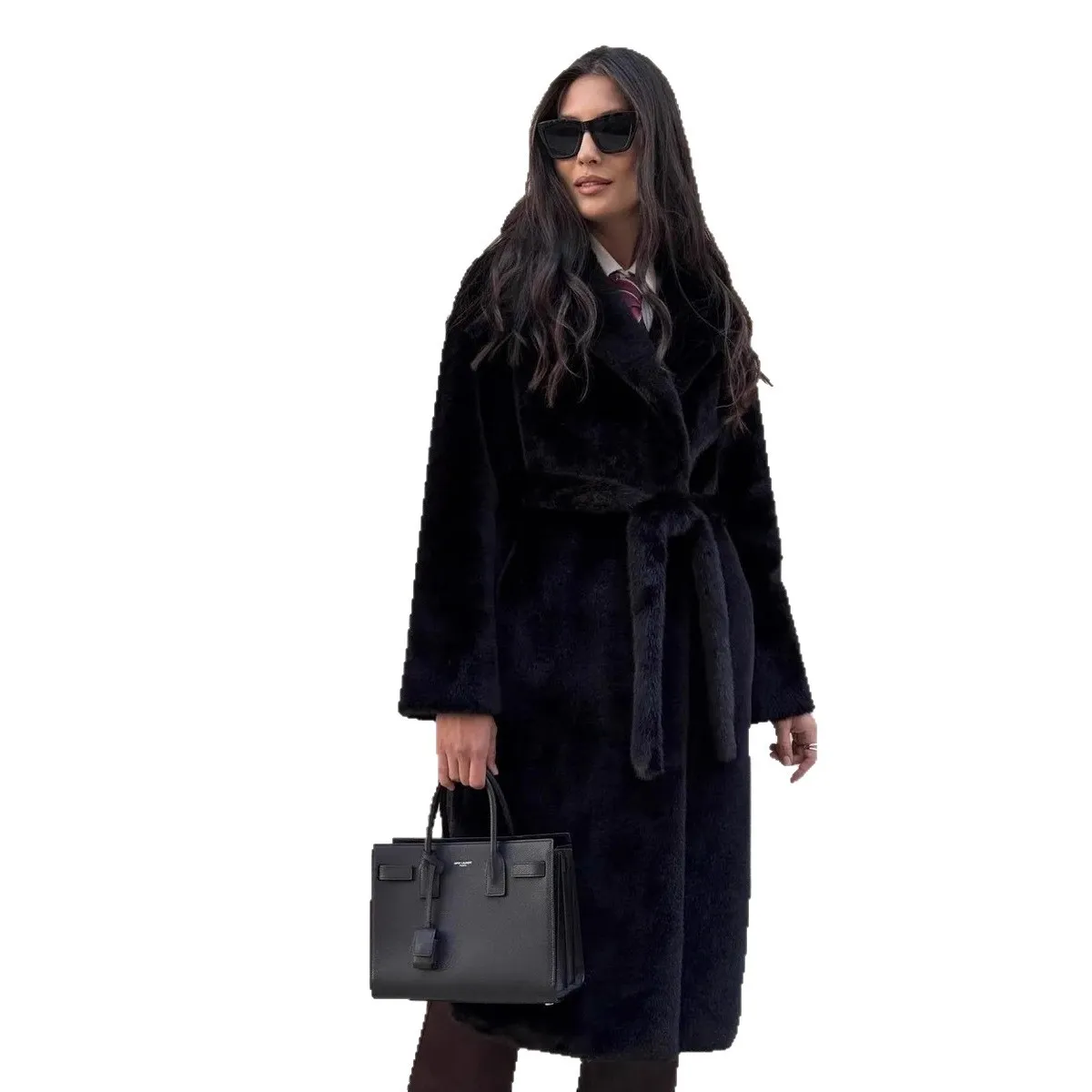 Kurtki Damskie Sztuczne Futro Długie Płaszcze Narzutki Sznurowane Kołnierzyk Wykładany Długi Rękaw Otwarty Splot Grube Luźne Jesień Zima 2025