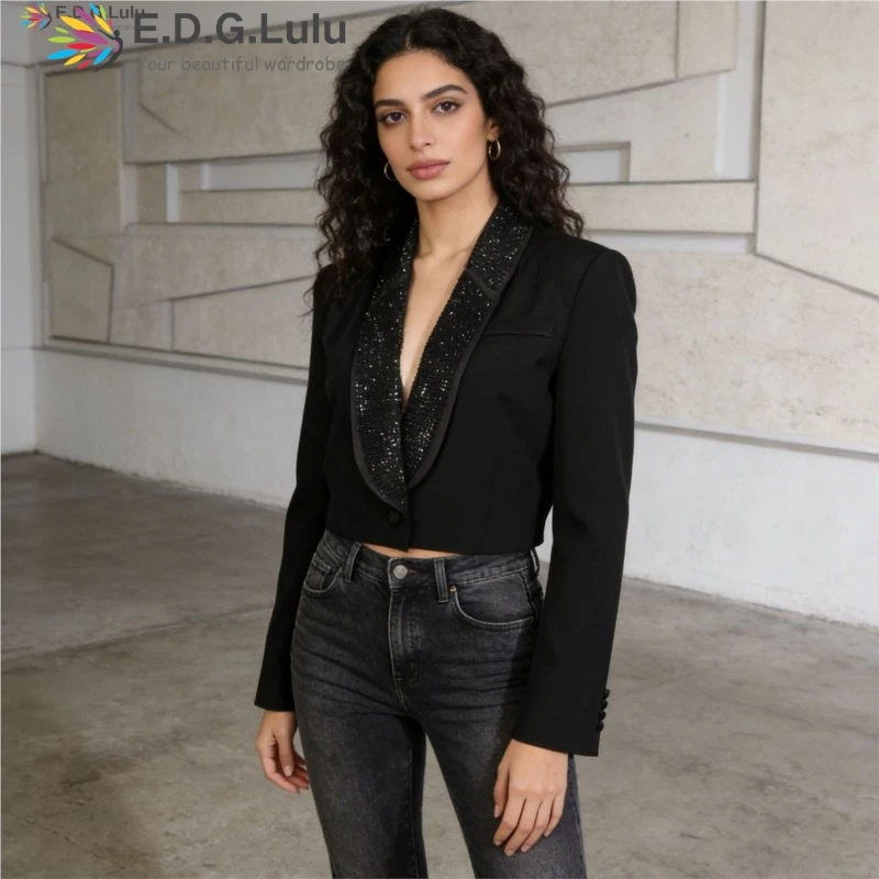 EDGLuLu Glitter Turn-Down Collar Long Sleeves Short Suit Jacket Design Hollow Backless Short Blazer 2026 New 0422