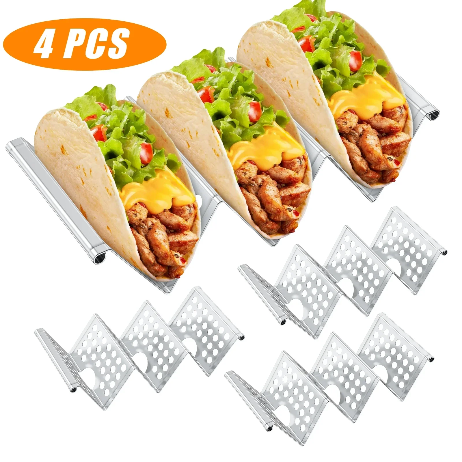 4PCS Stainless Steel Taco Holder Stand Oven Dishwasher Safe Hollow Mexican Roll Taco Stand Holds Up To 3 Tacos Mexican Food Rack