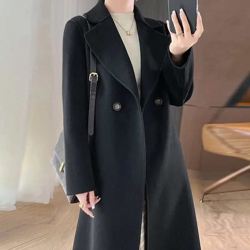 2025 New Winter Green Woolen Coat Lapel Long Sleeves Double Breasted Loose Overcoat With Belt Office Lady Fashion