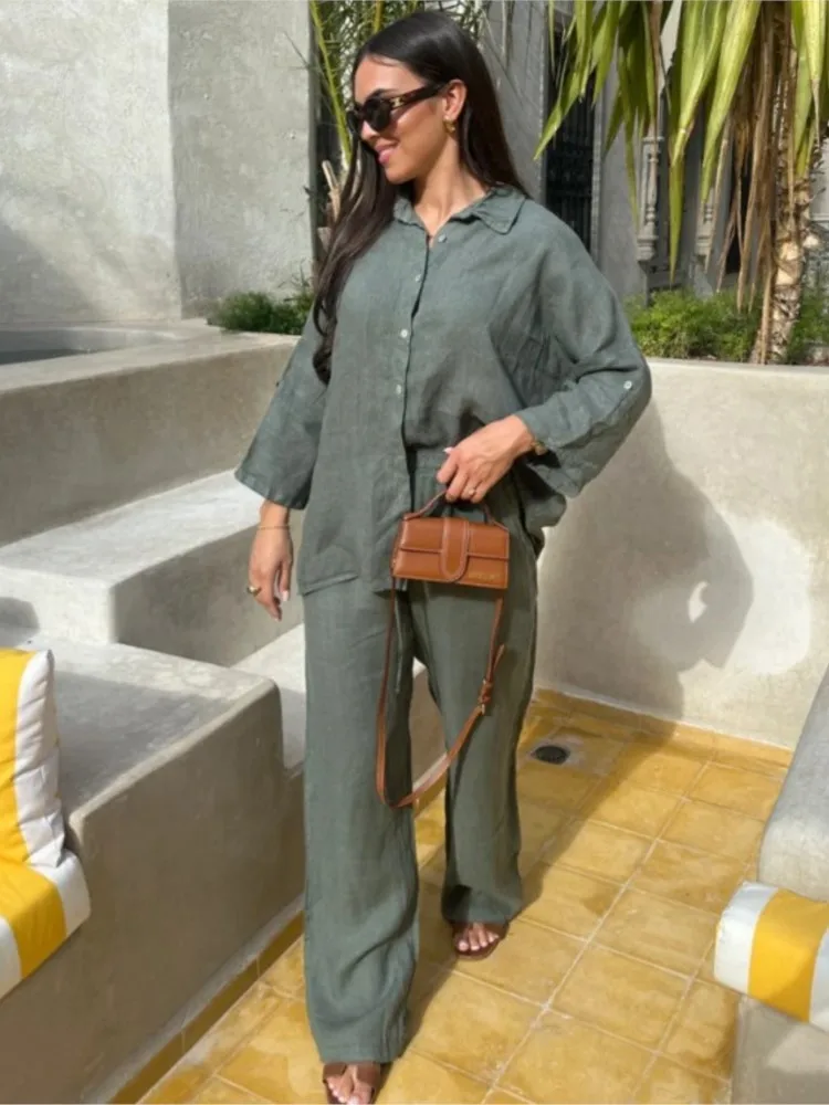 

Women Comfortable Solid Cotton Linen Shirt Two Piece Sets Spring Summer Button Top + Pants Outfit Casual Loose 2 Piece Set Suit