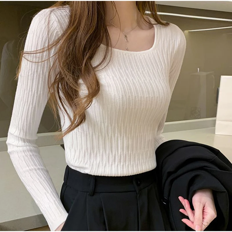 HELIAR Women Square Collar Solid Bottoming Sweater Long Sleeve Slim Knit Pullovers Casual Office Sweater Women 2024 Fall Winter