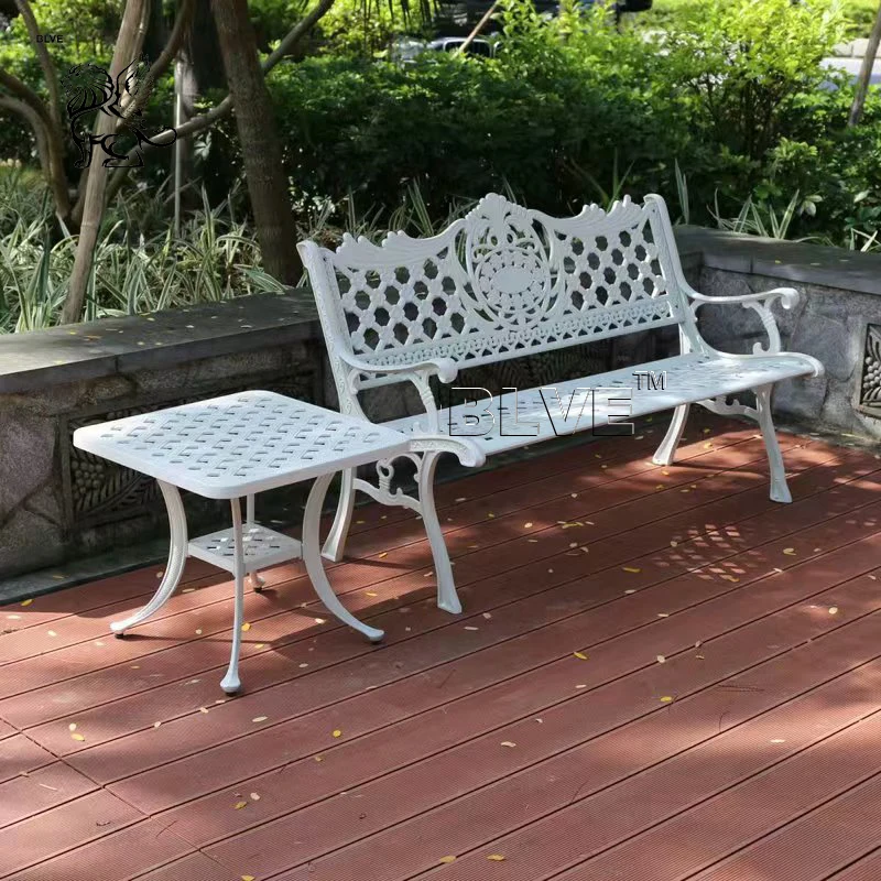 Parks Shopping Malls Outdoor Decoration French Style Metal Tables Stools Brown Aluminum Alloy Benches With Backrest