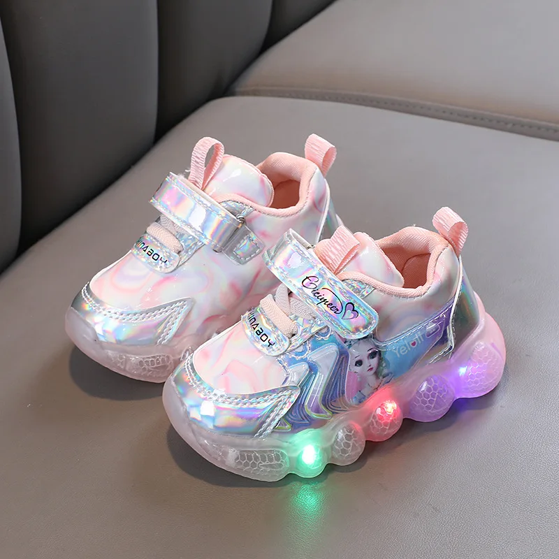 Disney Frozen Princess Elsa Casual Shoes for Baby Girl Children Led Light Sneakers Kids Shoes Toddler Anti-slip Walking Shoes