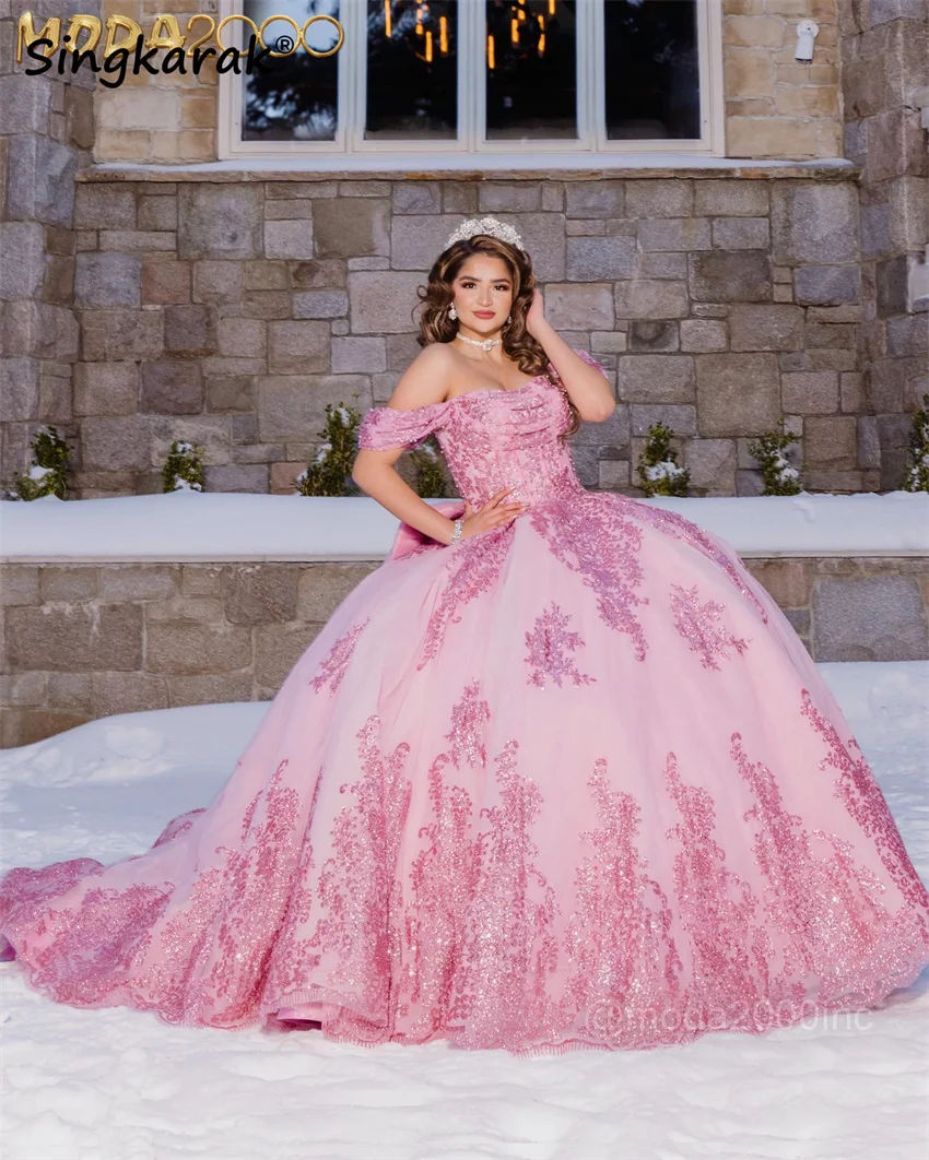 فستان الأميرة الوردي الجميل Quinceanera ، ثوب الكرة ، يزين الترتر ، الخرز ، اللؤلؤ ، المسابقة ، فستان حفلات 15 حلو ، القوس الدانتيل