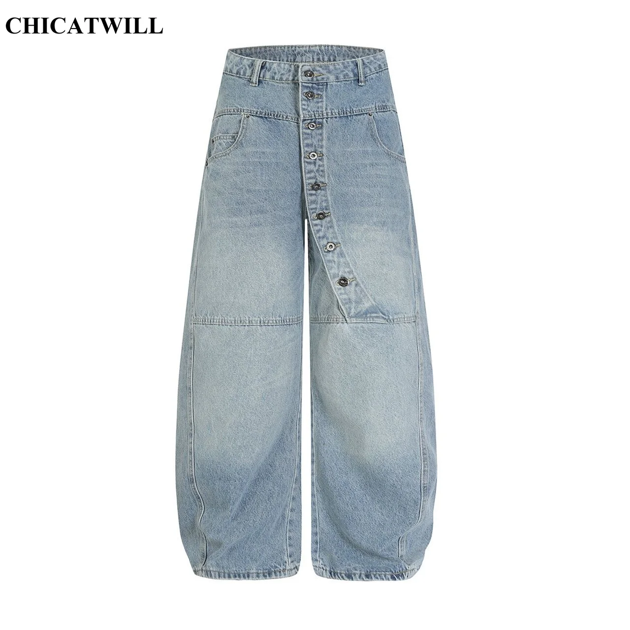 CHIC Casual Baggy Jeans Women Retro Washed Harajuku Vintage Irregular Buttons Fly Denim Trousers Man Trendy Long Straight Pants