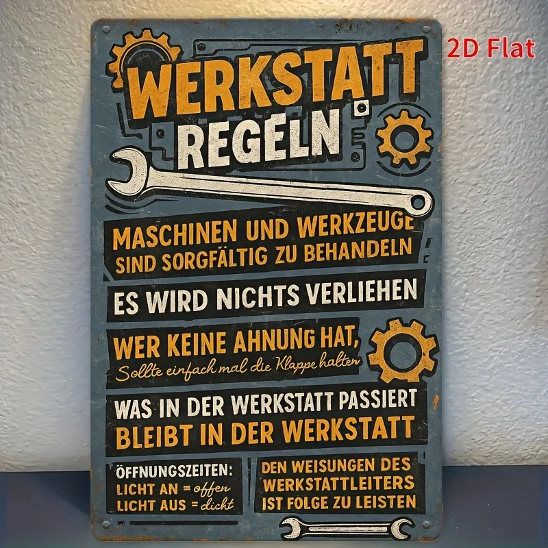 Vintage 2D Flaches Metallschild „WERKSTATT REGELN“ – Lustige deutsche Werkstattregeln, Retro Blechschild – Humorvolle Werkzeug- & Ausrüstungs-Metallwanddekoration, Ru