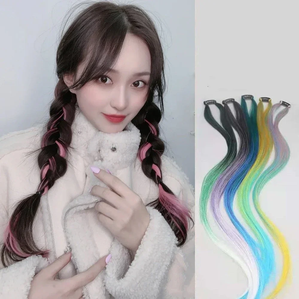 Y2K wig celup telinga warna bertahap mode wanita klip wig perpanjangan 55CM pita kepang rambut kotor