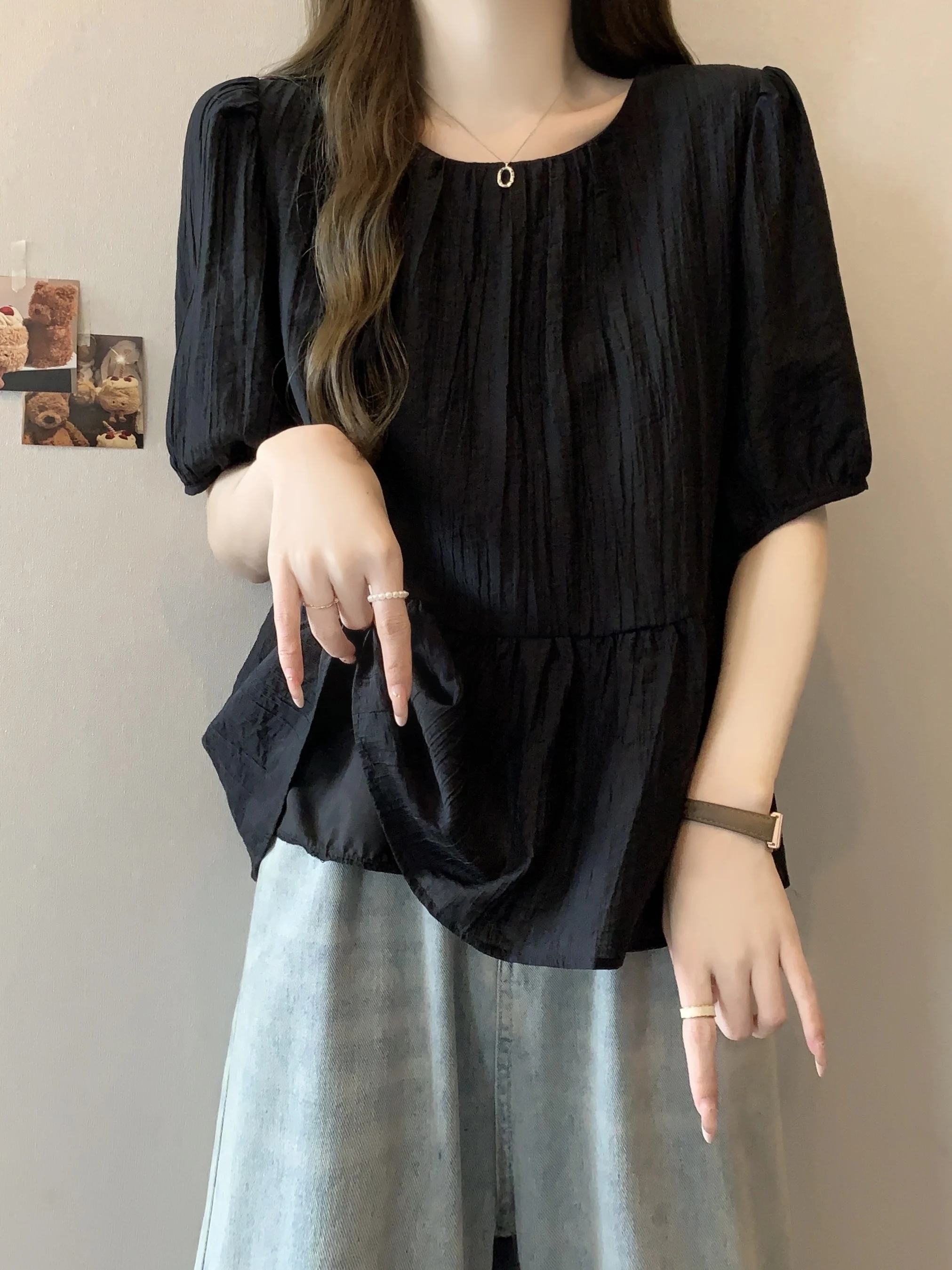 Slimming Bubble Short Sleeve Shirt Women's Summer New Large Size Fat MM Design Sense Short Base Top Korean Style Loose Fit