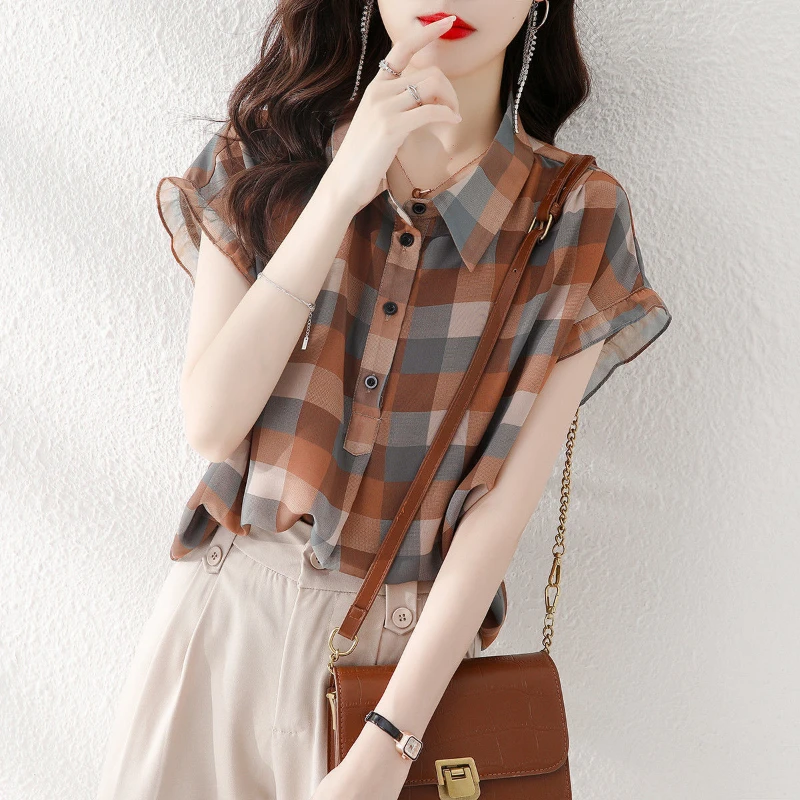 Short Sleeve Chiffon Shirt for Women\'s Summer Thin New Polo Neck Loose Plaid Printing Sweet Blouse Fashion Elegant Clothing