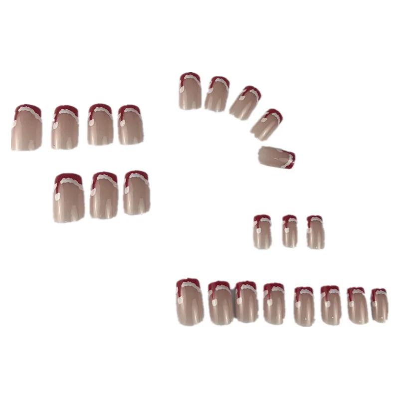 Juego completo de uñas postizas para niñas, Set de 24 piezas, gorro de Papá Noel francés, uñas postizas cuadradas Rojas Kawaii, uñas postizas de Navidad con pegamento