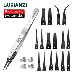 LUXIANZI ESD 259 High quality Tweezers With Replaceable Tip Full Stainless Steel Body Carbon Fiber Conductive Plastic Forcep Set