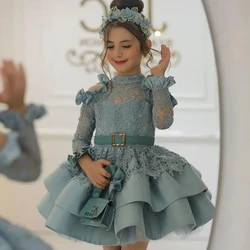 Princess Flower Girl Dresses for Wedding Lace 3/4 Sleeve Knee Satin Length Girl Kids Birthday Party First Holy Communion Gown
