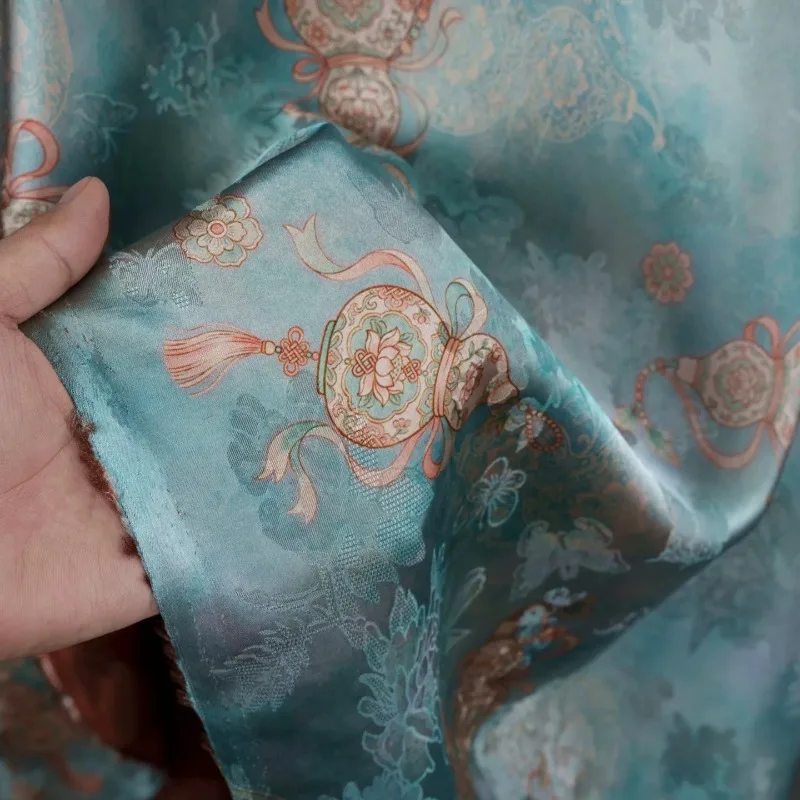 Jacquard Fabric Blue Gourd Floral Butterfly Soft Silky Breathable Lightweight Elegant Chinese Style Dress Hanfu Qipao DIY Sewing