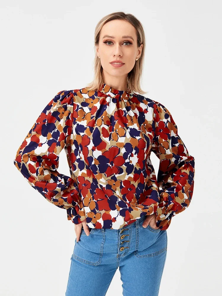 Summer Bohemian Printed Blouse Long Sleeve Stand Neck Shirt Woman Fashion Holiday Tunic Tops Elegant OL Office Chemise 2024