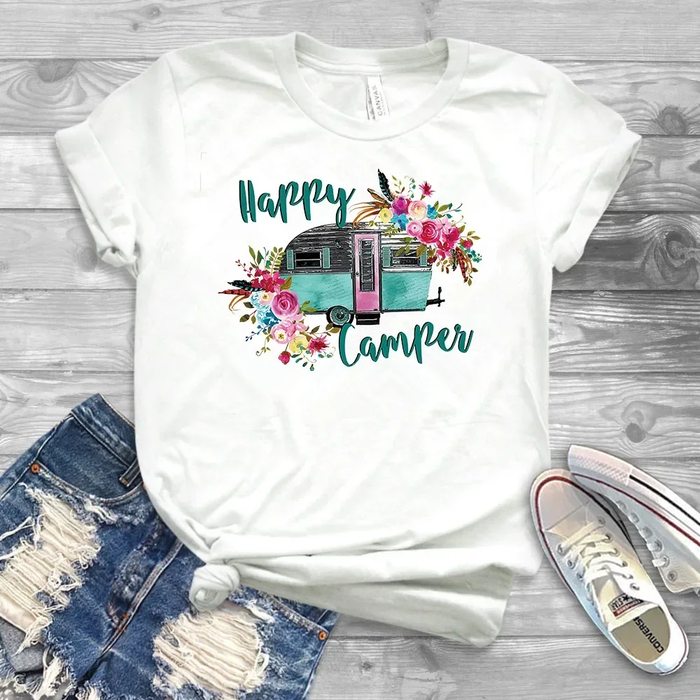 2024 Happy Camper Shirt Funny Camping T-Shirt Floral Camping Tees Cute Glamping Shirts Love To Camp Tee Cotton y2k top women