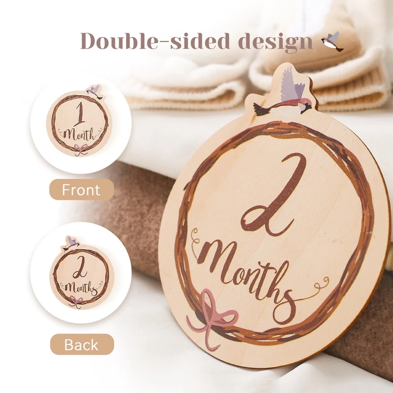 8Pcs/Set Wooden Baby Milestone Cards Round Bird Monthly Memorial Cards Newborn Birthday Photography Props For Baby Birth Gift