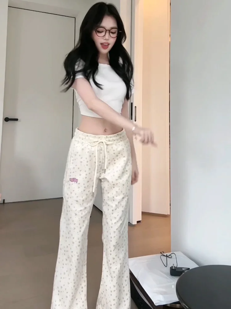 Pantaloni casual micro svasati con stampa floreale Sweet Sister Primavera Autunno da donna Dimagranti Taglia piccola Vita alta Drapey Sport Wide Le...