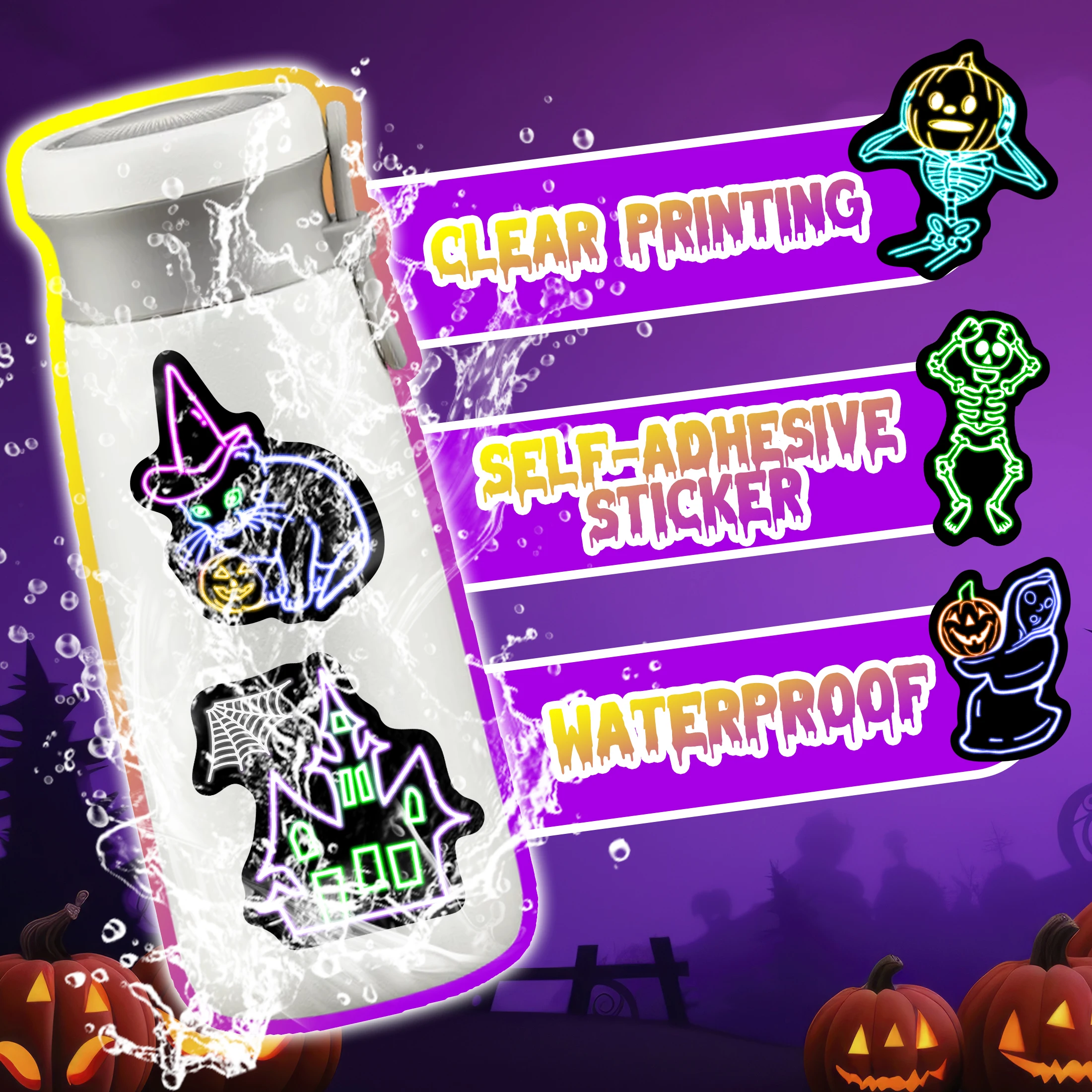 52 قطعة من ملصقات النيون للهالوين المتوهجة في الظلام، شارات كمبيوتر محمول من الفينيل المقاوم للماء للمراهقين والبنات والأولاد والطلاب في الفصول الدراسية #3