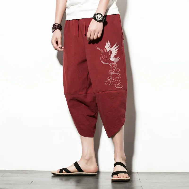 

Мужские праздничные брюки с принтом журавля, в стиле хиппи, японский стиль, хлопковые, свободные, повседневные, широкие, укороченные