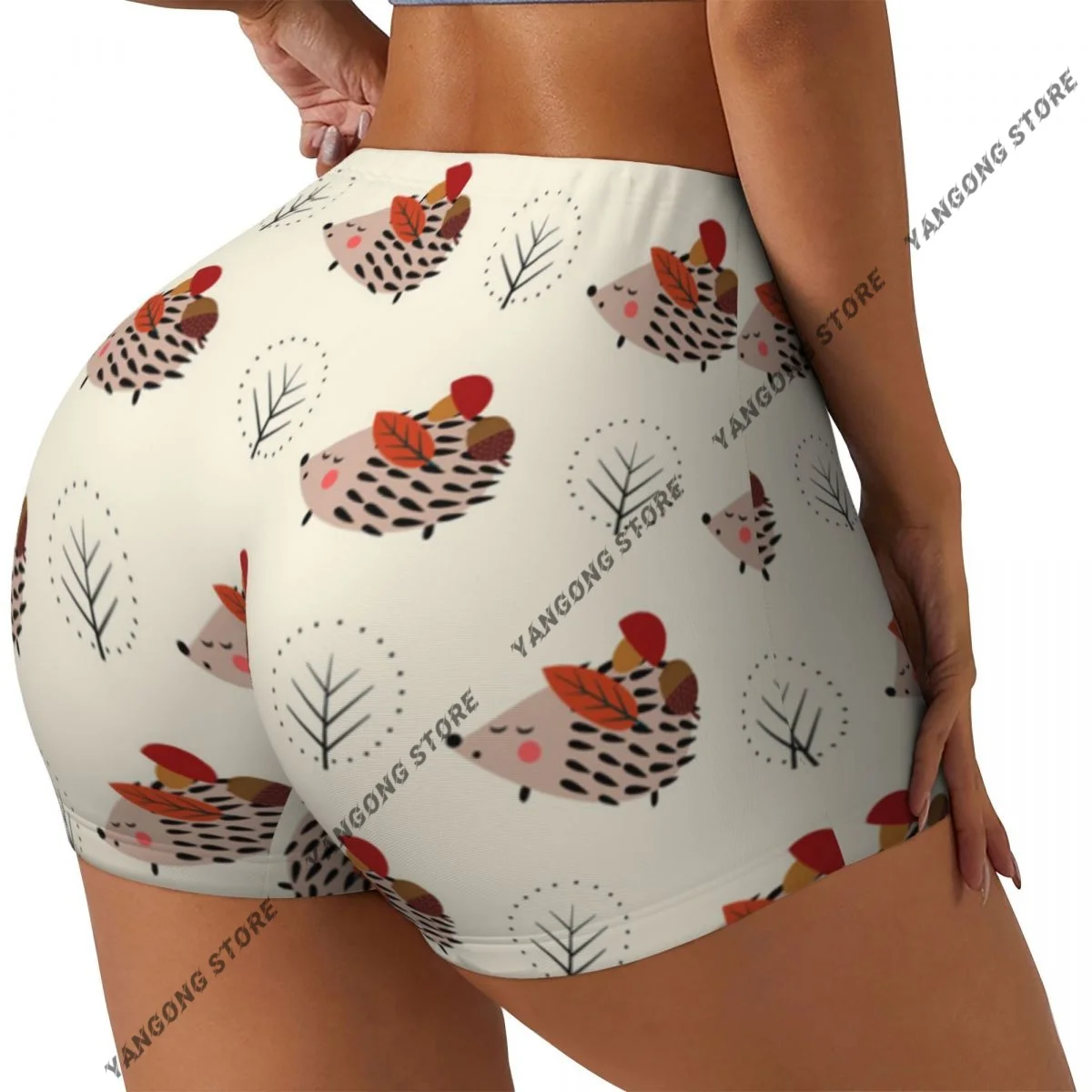 Yoga Shorts Cute Hedgehog With Mushroom Acorn And Tree Pattern Women Biker Tight Elastic Workout Sports Leggings Sportswear