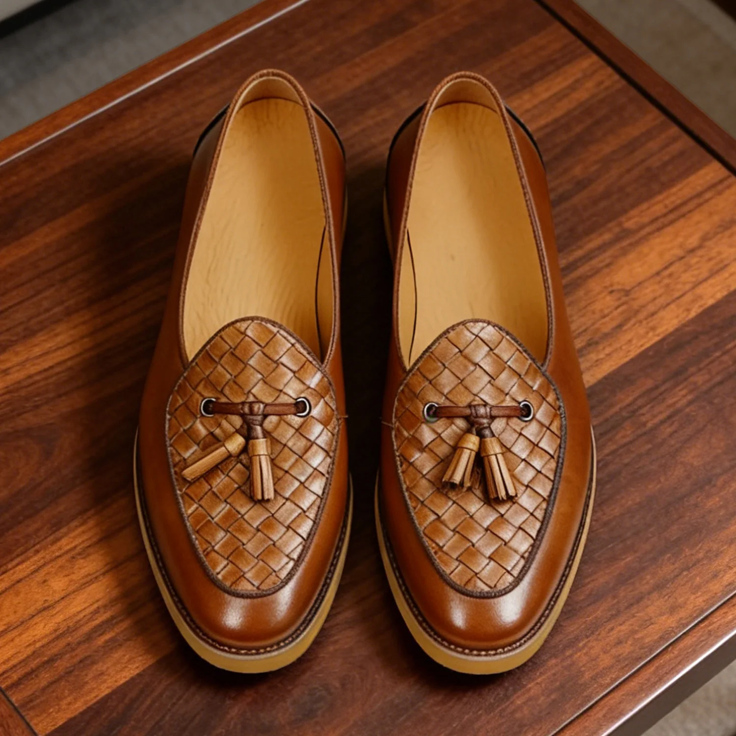 British Style Loafers for Men, Summer Woven Breathable Tassel Loafers, Men's Flat Casual Leather Shoes