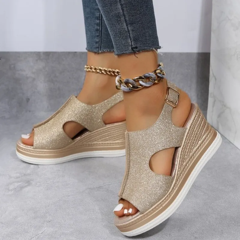 2023 New Women\'s Casual Wedge Sandals Comfy Open Toe Glitter Color Golden Women\'s Summer High-heeled Sandals Sandalias De Mujer