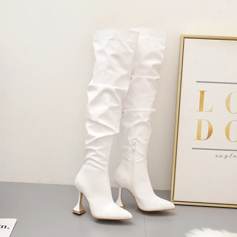 2024 New Winter Leather Boots Women Stiletto Pointed Toe White Heeled Knee Boots Wine Glass Heel Side zipper Thigh Gigh Booties