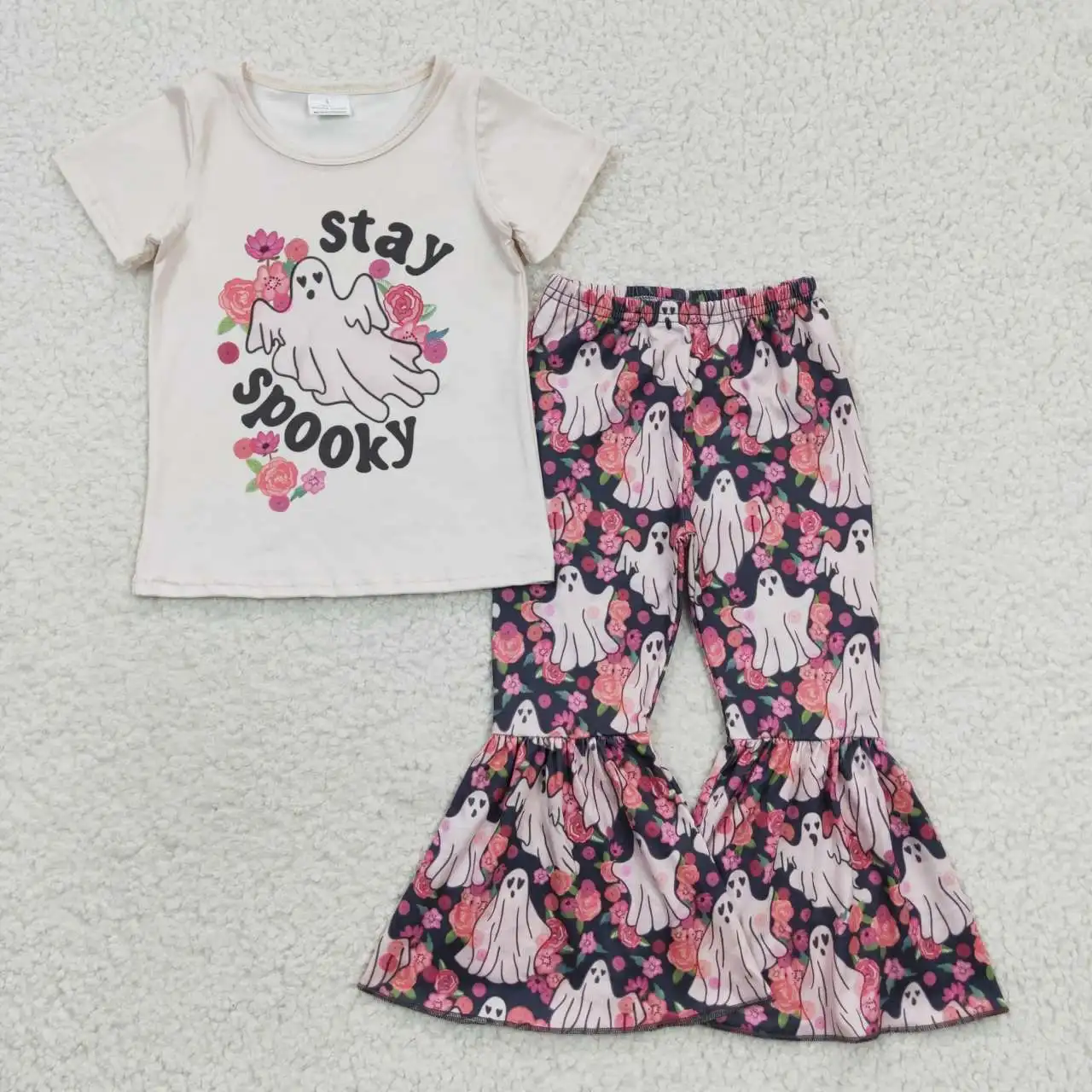 Assustador Ghost Print Bell Bottoms Outfit para crianças, Halloween Stay Outfit, roupa preta rosa branca, GSPO0664