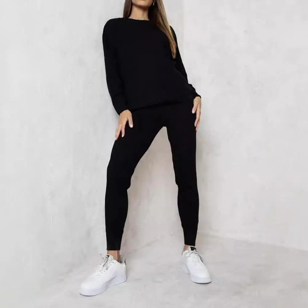 Casual Tracksuit Women's Knitted Top Pants Set with Round Neck Long Sleeves Elastic Waist Plus Size Solid Color Blouse for Daily