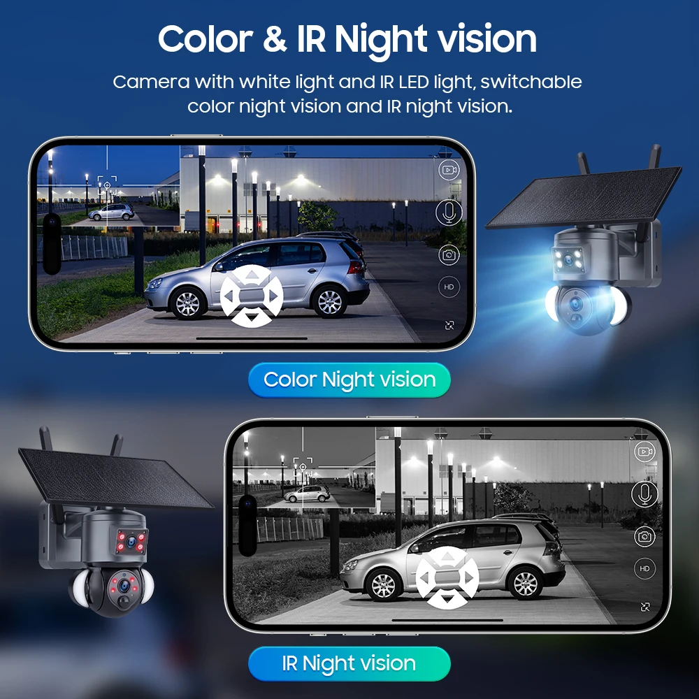 AOV 7/24 سجل كامل اللون للرؤية الليلية 2 عدسة لاسلكية واي فاي 4G بطاقة Sim تعمل بالطاقة الشمسية CCTV Ubox كاميرا الأمن الشمسية في الهواء الطلق