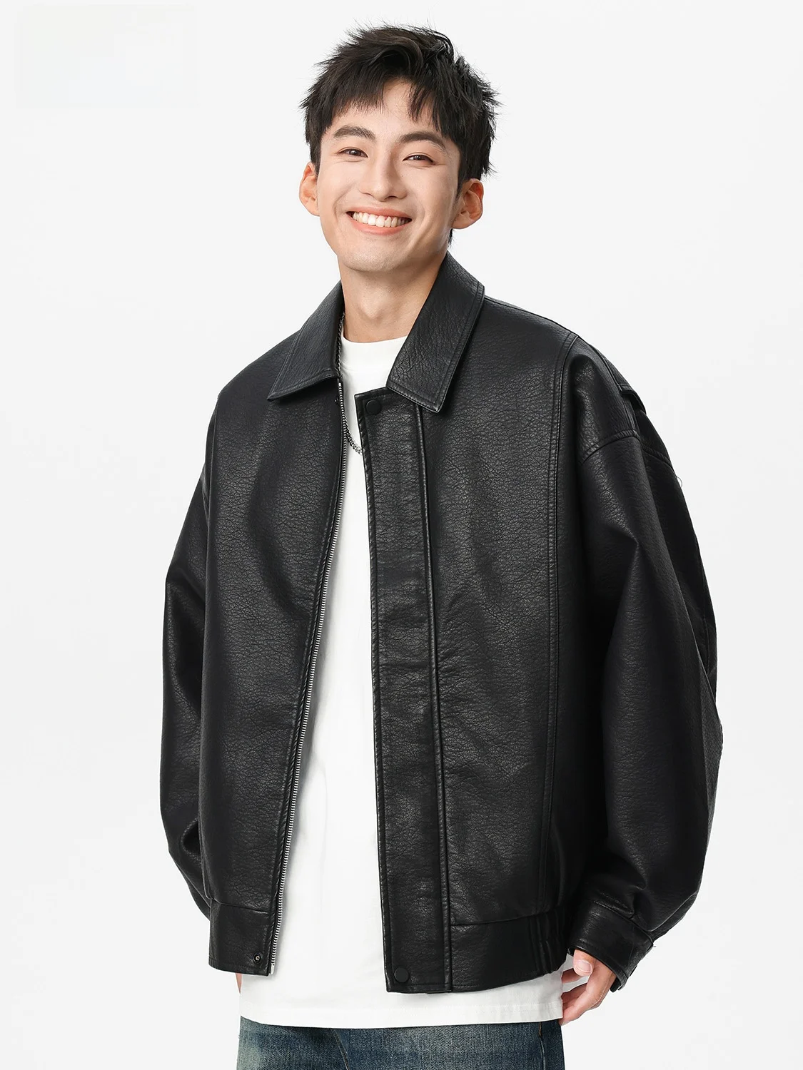 

Retro PU Leather Jaet Men's Casual Loose Bla Outerwear Autumn Season Faionable Brand Youthful Energy Sle Long Sve ...