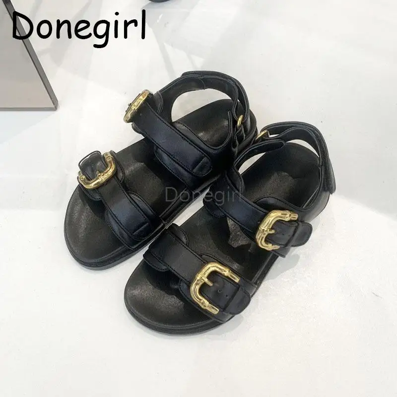 

Donegirl 2023 New Women Summer Leather Round Head Open Toe Roman Sandals Thick Bottom Falt Solid Casual Beach Shoes Female Chic