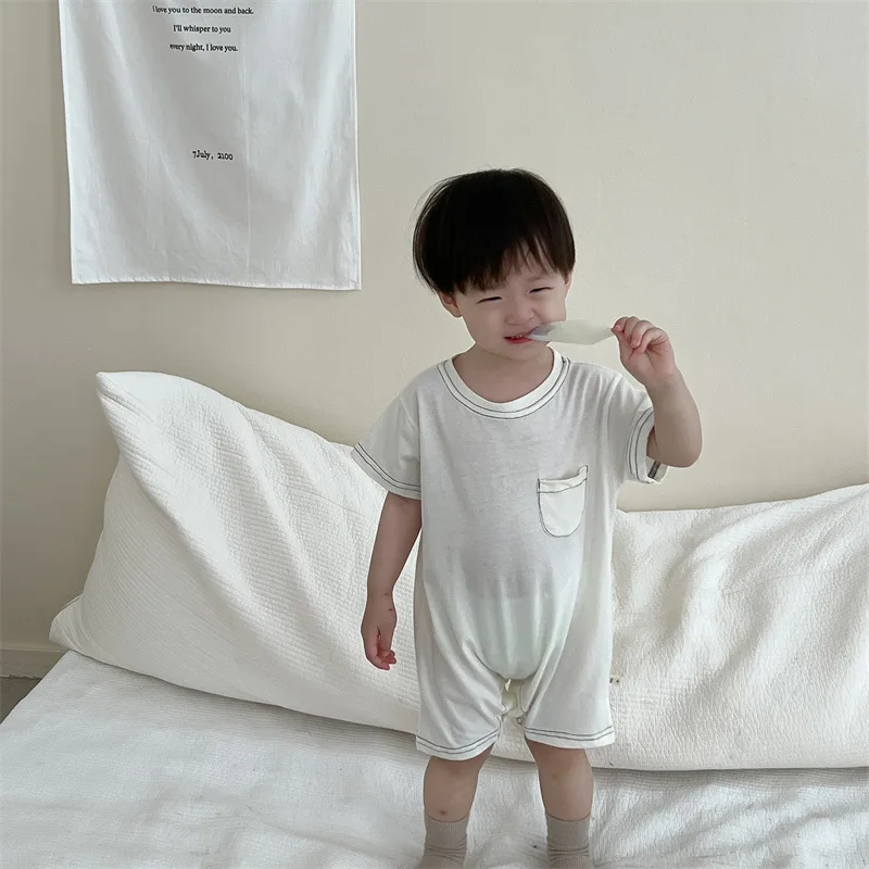 

2024 Summer New Baby Boy Short Sleeve Romper Cotton Infant Girl Solid Casual Jumpsuit Newborn Toddler Breathable Clothes 0-24M