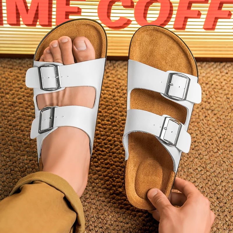

Новые кожаные пробковые тапочки с узором «елочка» для мужчин и пар, летние тапочки с пряжкой в стиле ретро, модные повседневные пляжные износостойкие сандалии