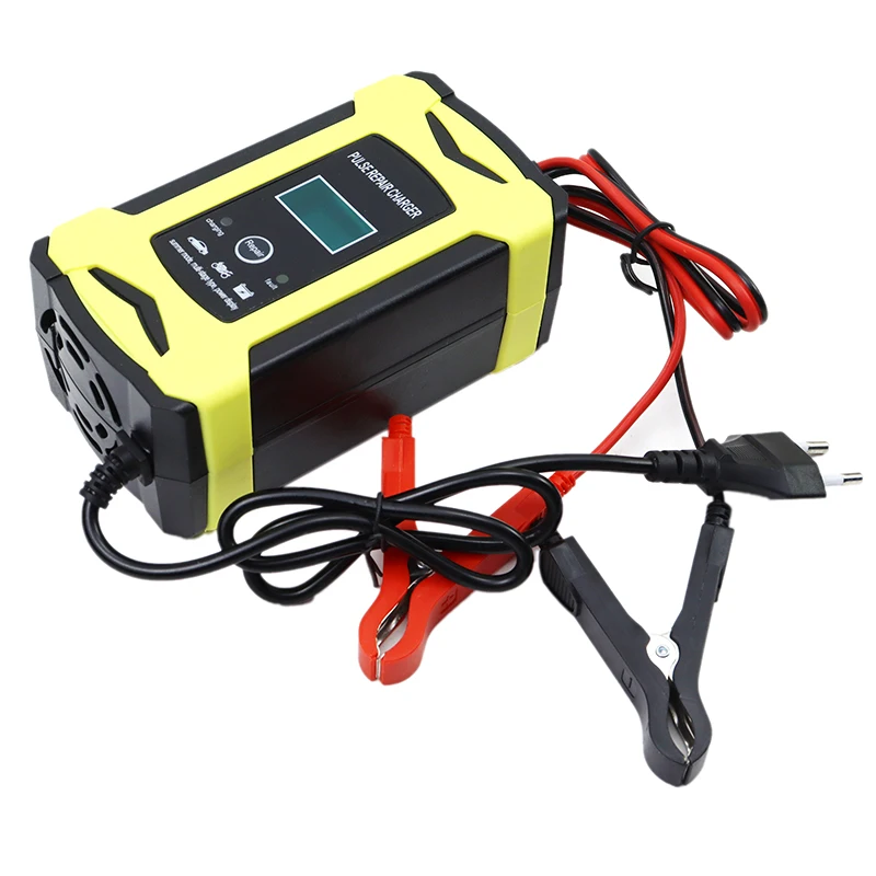 Cargador de batería de plomo y ácido de 12V, carga de reparación totalmente automática para coche, motocicleta, totalmente automática, 12V, 6A, pantalla LCD, pinza de cocodrilo