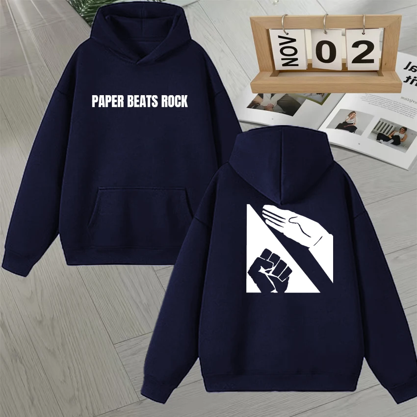 Paper Beats Rock Meme Doppelseitiger Druck Sweatshirt Männer Frauen Fleece Herbst Winter Hoodie Lose Beliebte Unisex Vintage Pullover