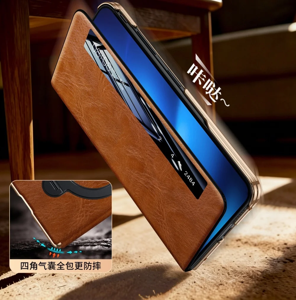 Genuine Cowhide Leather Window View Flip Case For VIVO X Fold6 Oil Wax Bracket Cover
