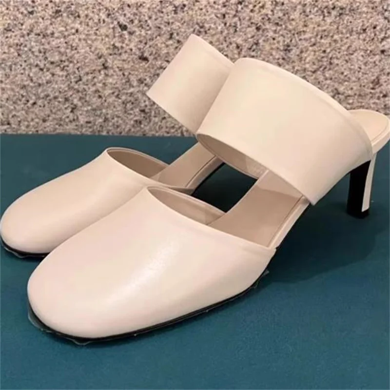 

Leather Shoes for Women Round Toes Thin High Heels Female Mules Sewing Lines Front Strap Chassure Femme Solid Zapatos De Mujer
