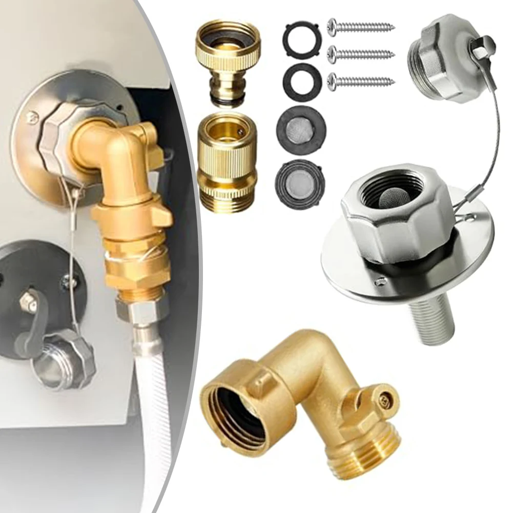 

Впускной отверстие для воды на колесах с обратным клапаном, колено шланга 90 градусов, быстроразъемный соединитель для шланга 3/4 дюйма, соединение впускного отверстия для воды для прицепа на колесах