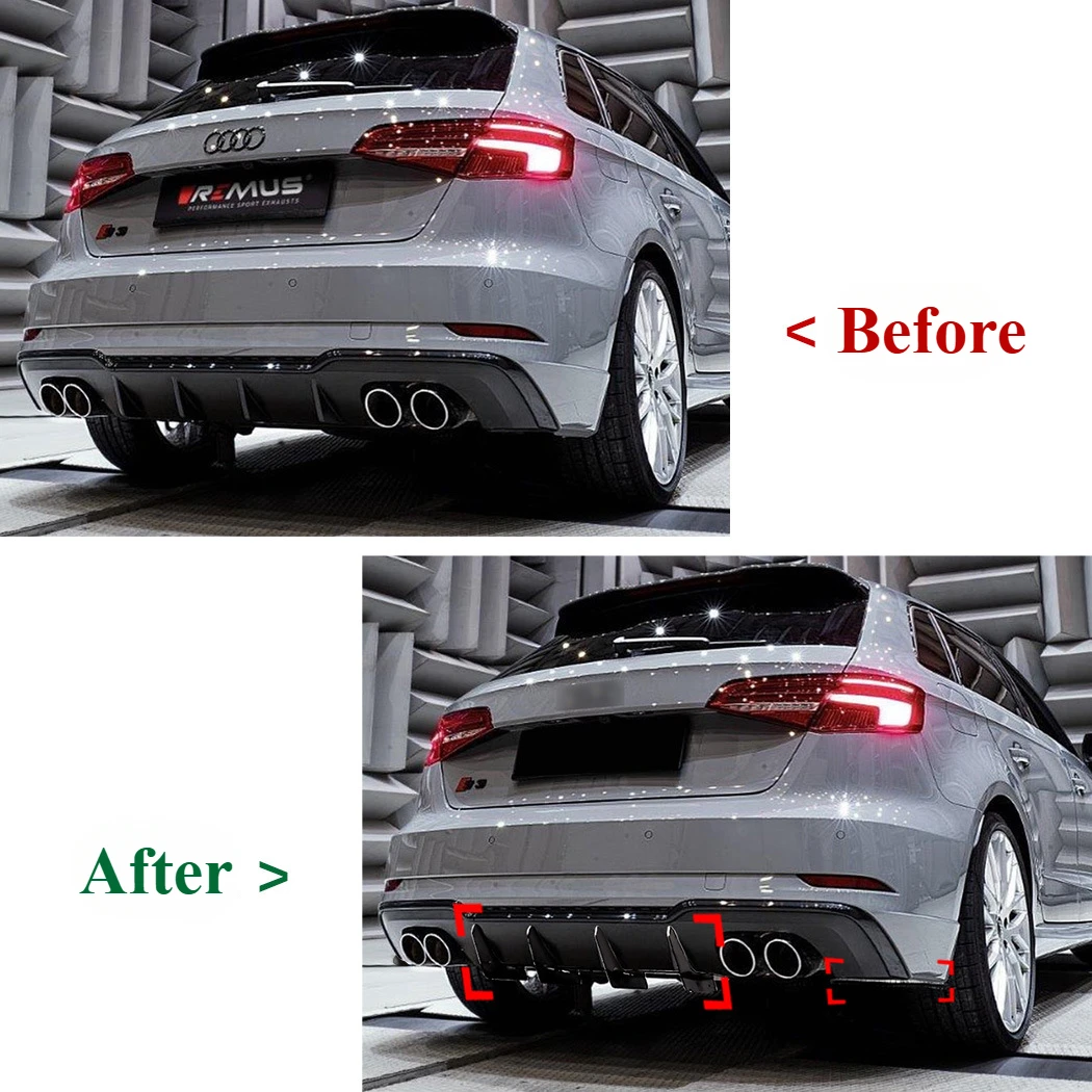 For AUDI S3 8V Hatchback 5 Doors 2017-2020 Car Rear Bumper Lip Spoiler 4 Fin Shark Style Diffuser Splitters Tunning ABS Black