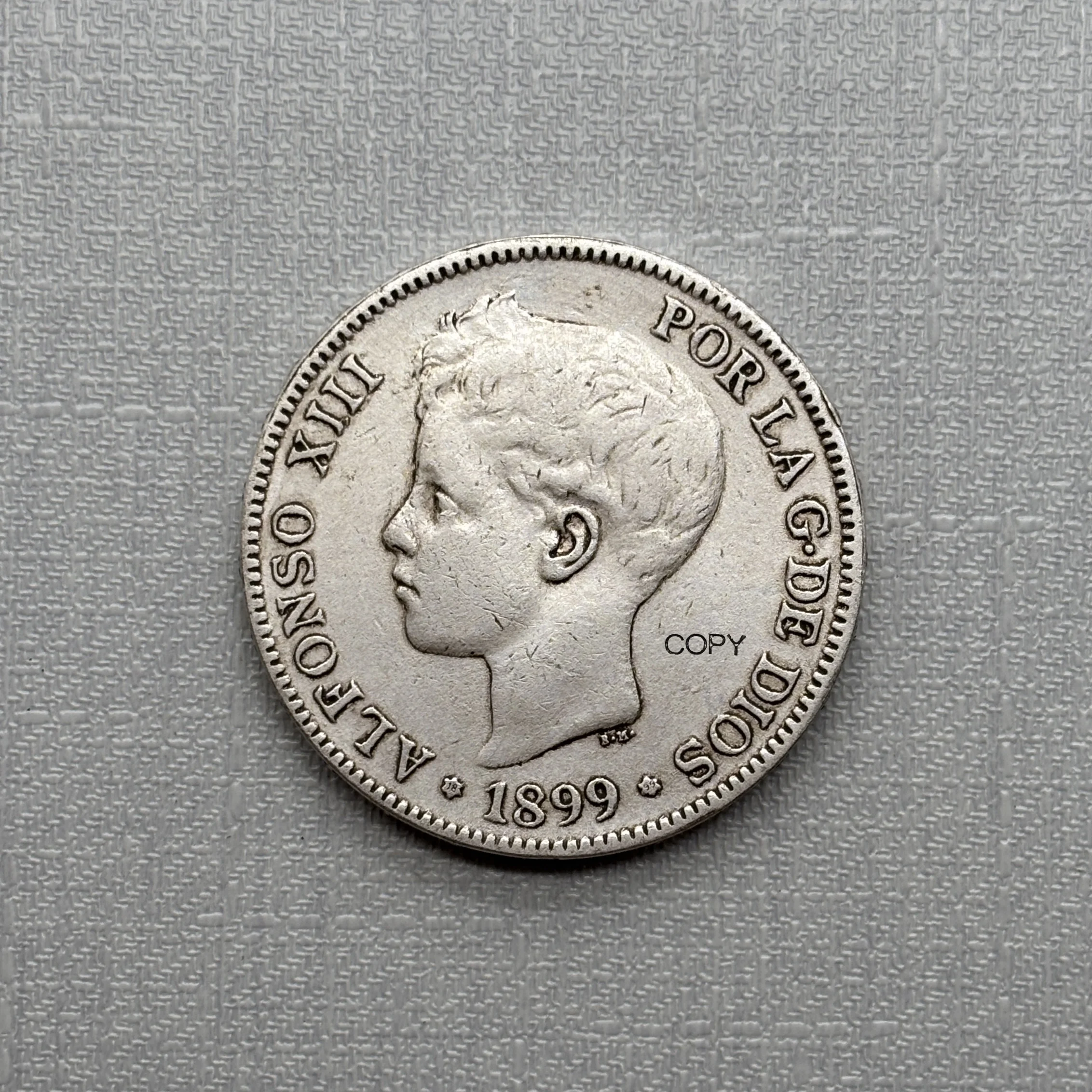Moneda Conmemorativa de España 1899, 5 Pesetas, Alfonso XIII, 3.º Retrato, Chapada en Plata, Copia
