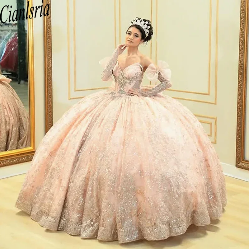

Платье Quinceanera цвета шампанского с V-образным вырезом, расшитое бисером и кристаллами, бальное платье Sweet 16, Vestido de 15 años