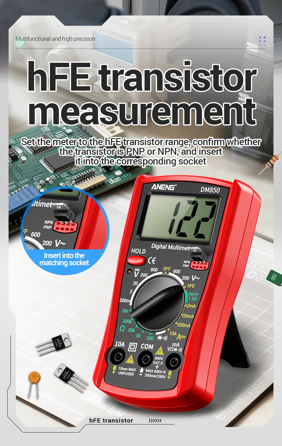 ANENG DM850 Digitalmultimeter mit 1999 Messwerten, Gratis Geschenk BT173 Batterietester, AC/DC-Spannung, Strom, Widerstand, Diodentest, tragbar – Detail 4