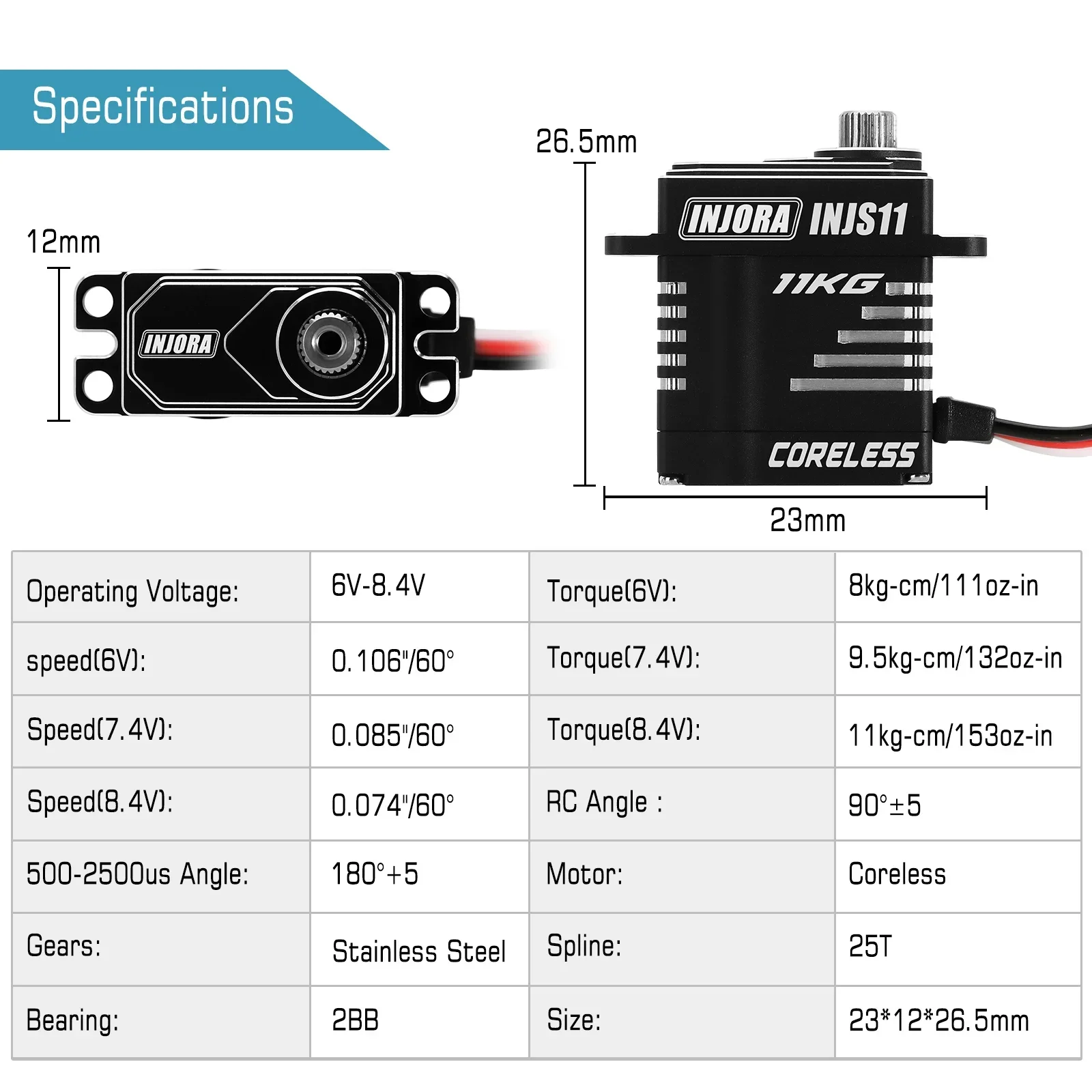 INJORA High Voltage Large Torque Metal Gear Digital Micro Coreless Servo for 1/18 RC Crawler Redcat Ascent-18