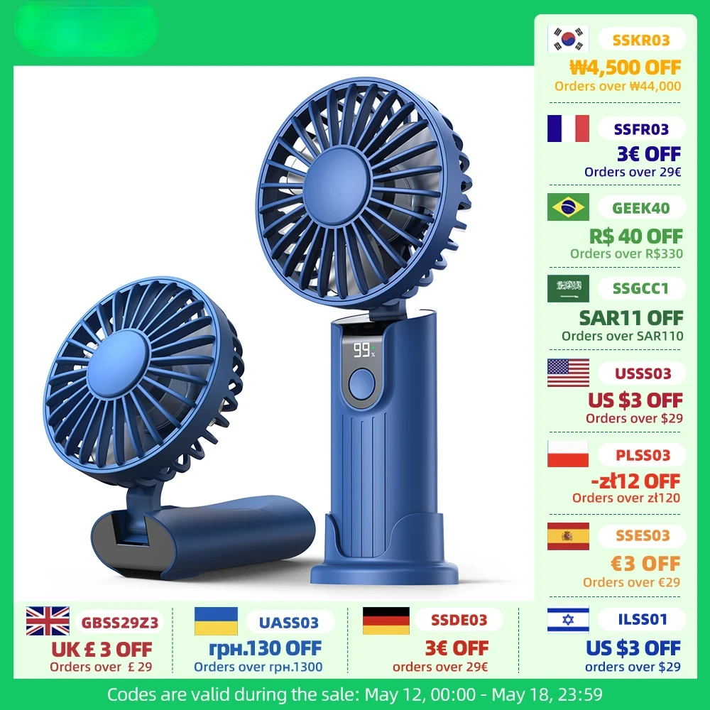 TOPK 5000mAh Mini Portable Fan USB Rechargeable Hand Held Fan,Small Pocket Fan 3 Speeds with Lanyard &Base,USB Desk Fan Foldable