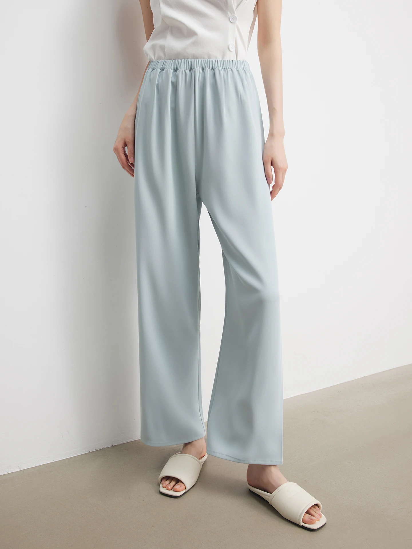

Annata Blue Cooling Air Wide Leg Pants Women Summer Thin Long Trousers High Waist Straight Cut Polyester Spandex Casual Pants